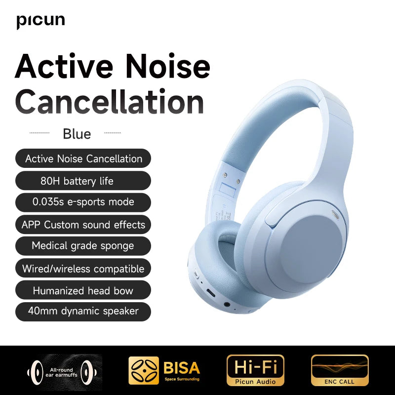 Picun F1 ANC Wireless Bluetooth 5.4 Hi-FI Audio Headphones 43dB Adaptive Noise Cancelling Headsets 40mm Driver 80H Playtime APP