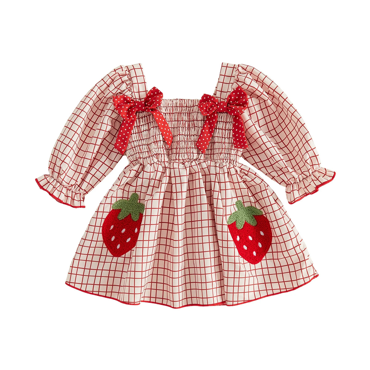Line With Dress Bow-Decor Long Sleeve Square Long Little-Girl-Plaid Dress Long Plaid Little Girl Plaid