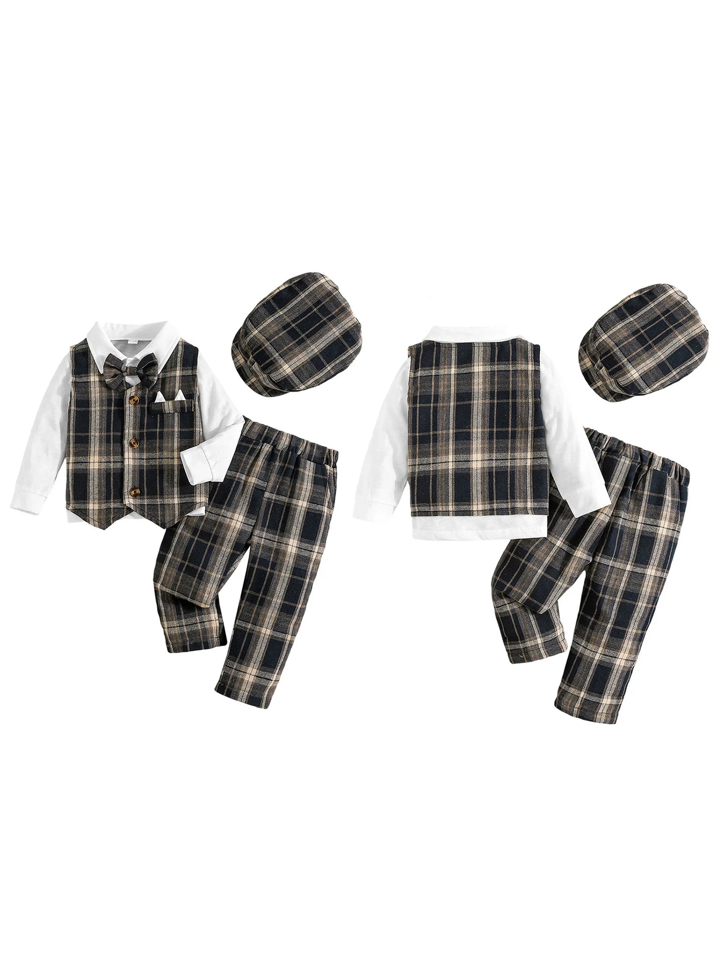 4Pcs Baby Boy Formal Wear Set with Long Sleeve Lapel Neck Shirt Plaid Button Down Vest Pants and Hat - Gentleman Outfit with