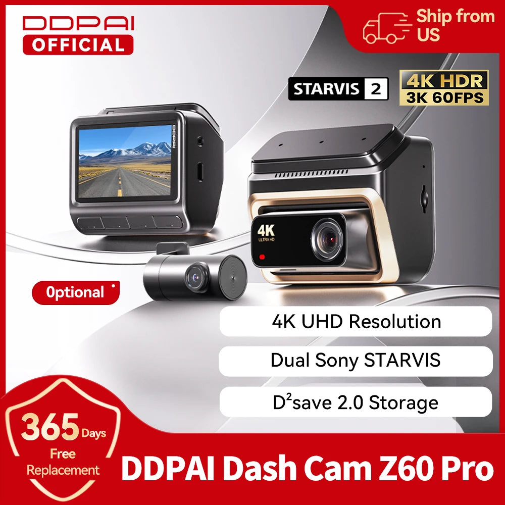 2025 New DDPAI 4K Dash Cam Z60 Pro Support Front and Rear Car Camera SONY STARVIS2 678 Sensor 5GHz Wi-Fi GPS ADAS Car DVR