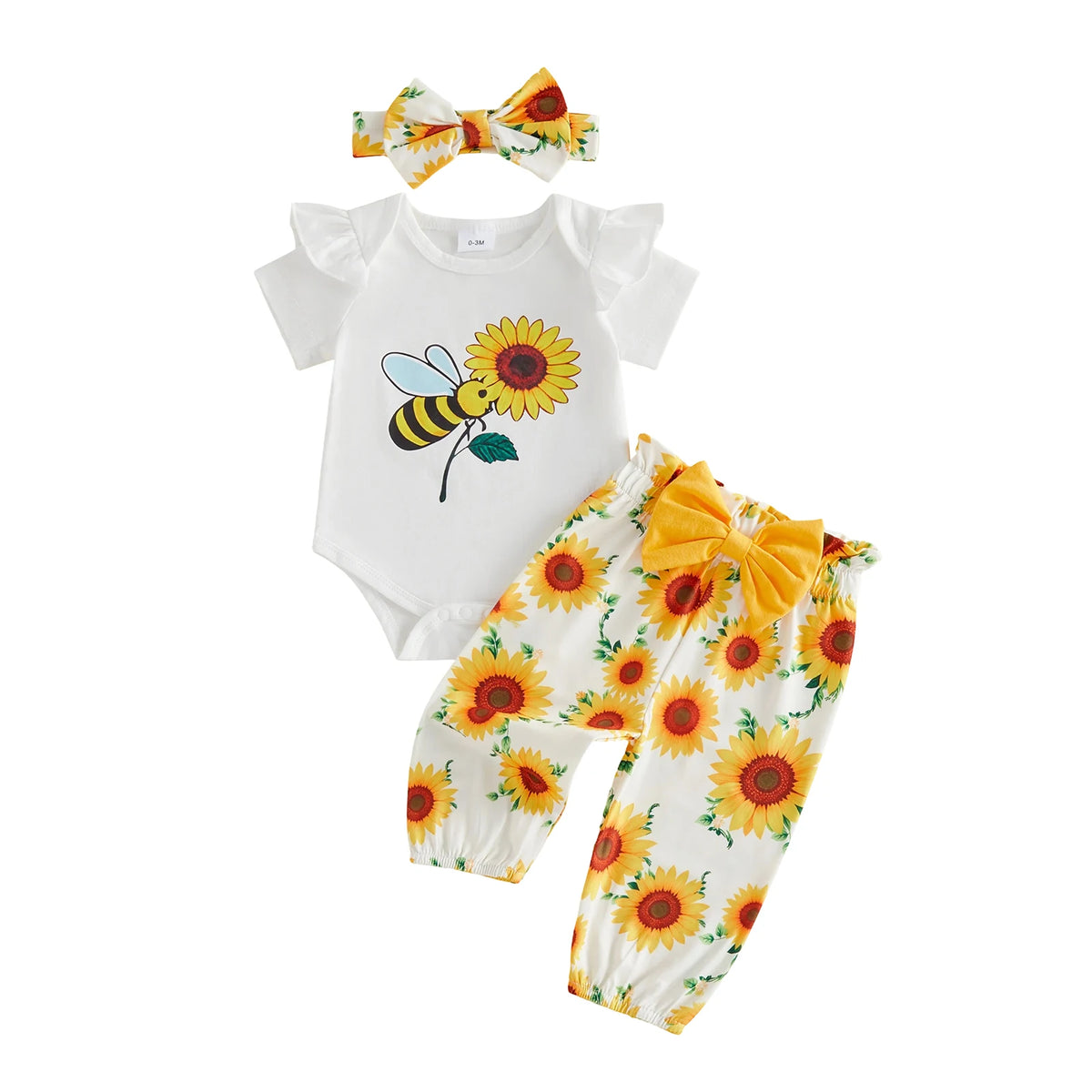 Adorable Baby Girl Sunflower Print Romper with Matching Shorts and Headband 3-Piece Set for Summer Fashion