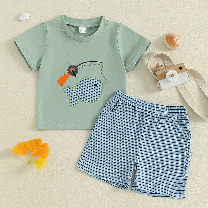 Boys Summer Outfit Set with Short Sleeve Fish Embroidery Top and Striped Shorts O Neck Design for Comfort