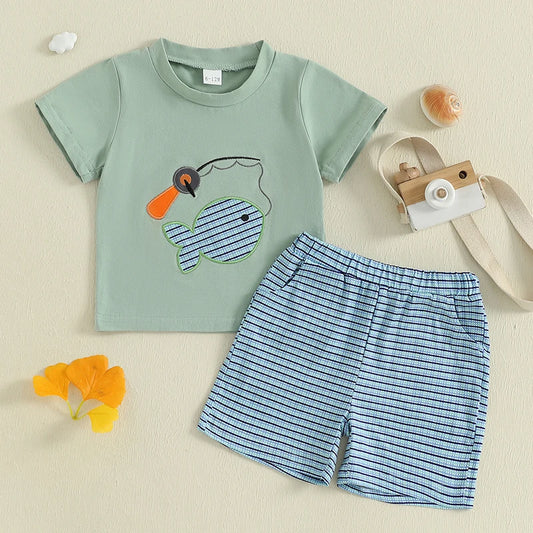 Boys Summer Outfit Set with Short Sleeve Fish Embroidery Top and Striped Shorts O Neck Design for Comfort