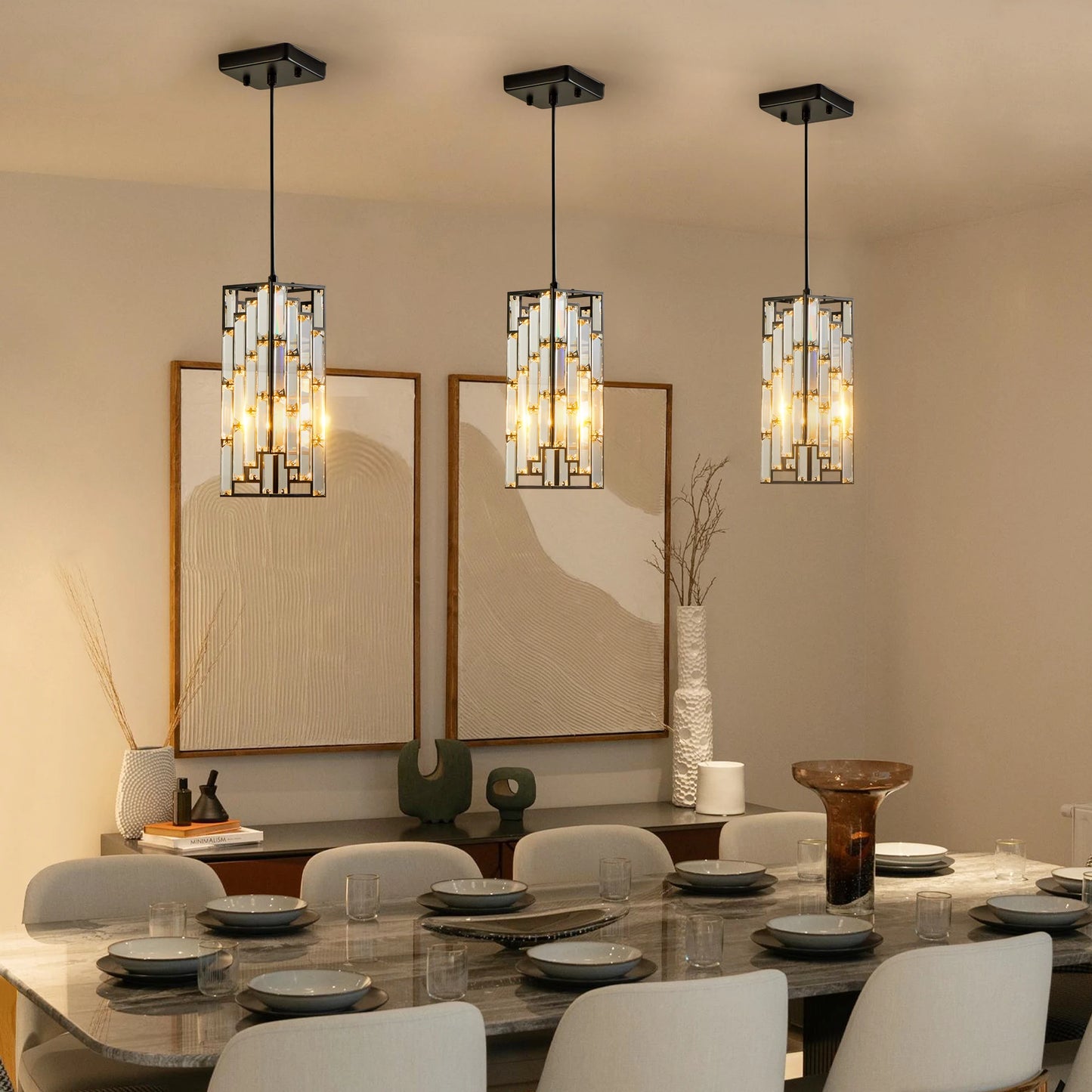 ARLGSITE Modern Luxury Crystal Pendant Light - 3 Pack, Adjustable Hanging Ceiling Lamp with Crystal Prism Design -Black Finish