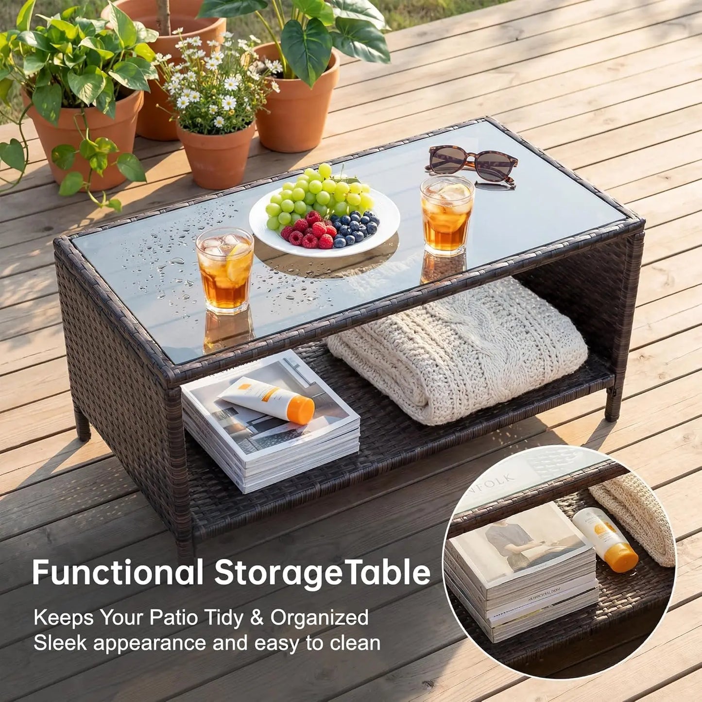 4-Piece Patio Furniture Set, All-Weather PE Rattan Outdoor Conversation Set with Thick Cushions & Glass Coffee Table,, Custom