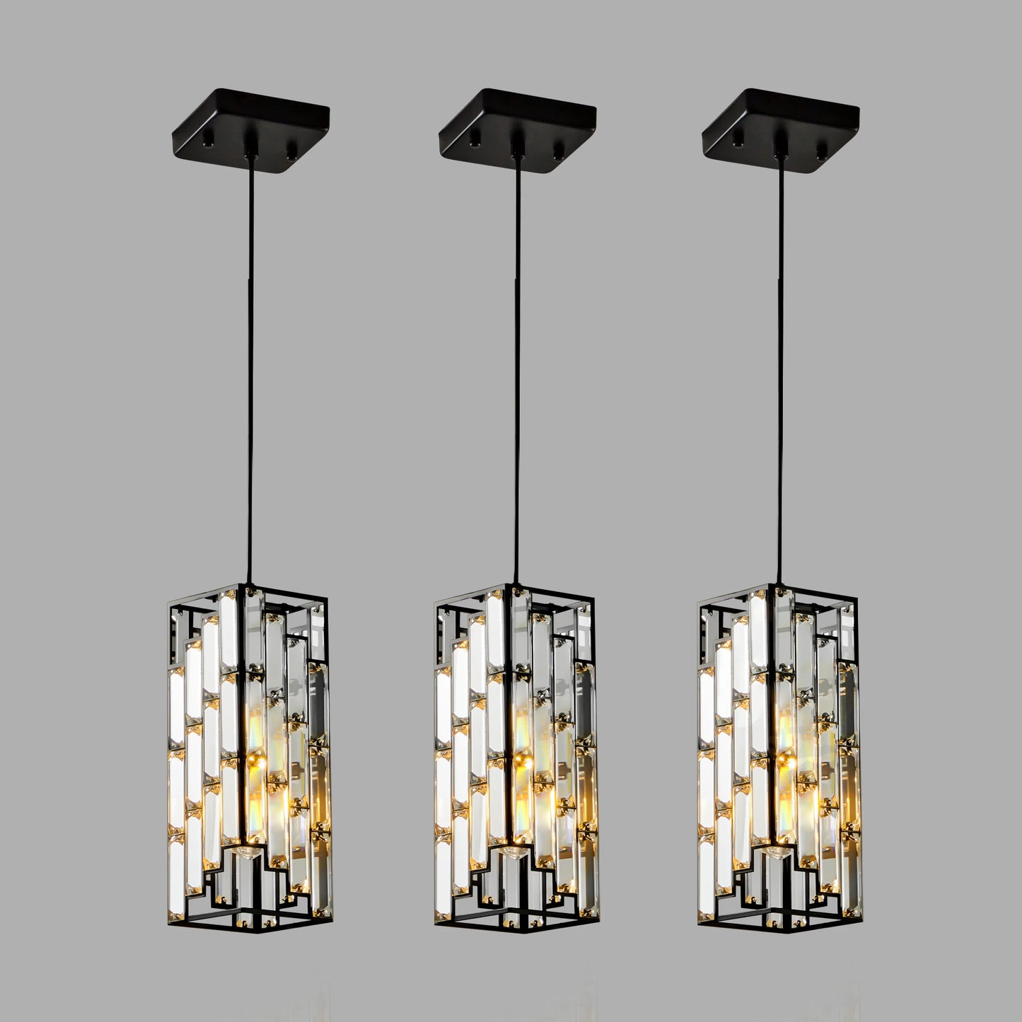 ARLGSITE Modern Luxury Crystal Pendant Light - 3 Pack, Adjustable Hanging Ceiling Lamp with Crystal Prism Design -Black Finish