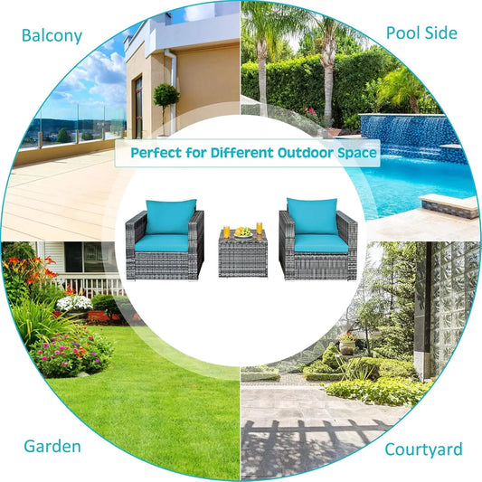 3-Piece Patio Furniture Set, Outdoor Wicker Rattan Sofa with Cushions and Coffee Table, Conversation Chair Set for Poolside
