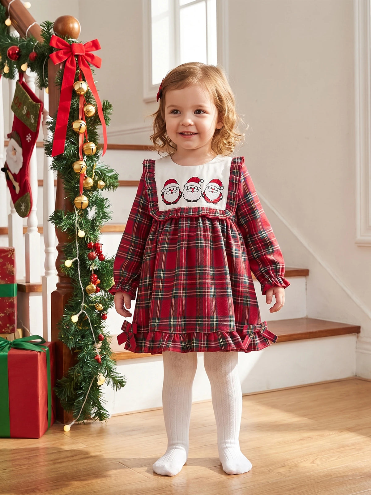 Print-Loose-Ruffle Girl Christmas Christmas Print Loose Plaid Print Loose Sleeve Plaid Girl-Christmas-Dress Durable