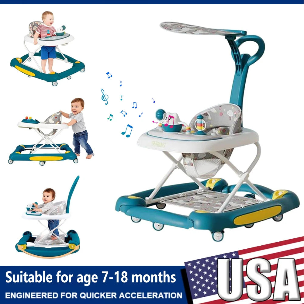 6 in 1 Baby Walker with Music,Lights,Spinning Wheels,Toy Rack,Pusher,Dining Tray For 7 Months Plus Kids Push Walker Antirollover