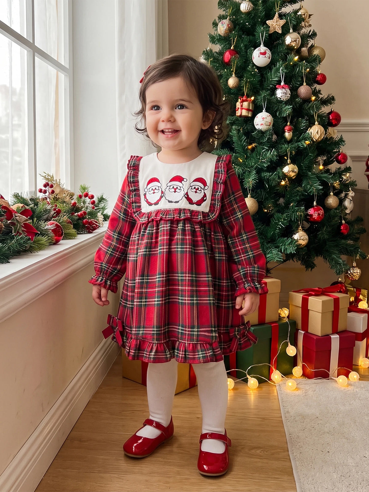 Print-Loose-Ruffle Girl Christmas Christmas Print Loose Plaid Print Loose Sleeve Plaid Girl-Christmas-Dress Durable