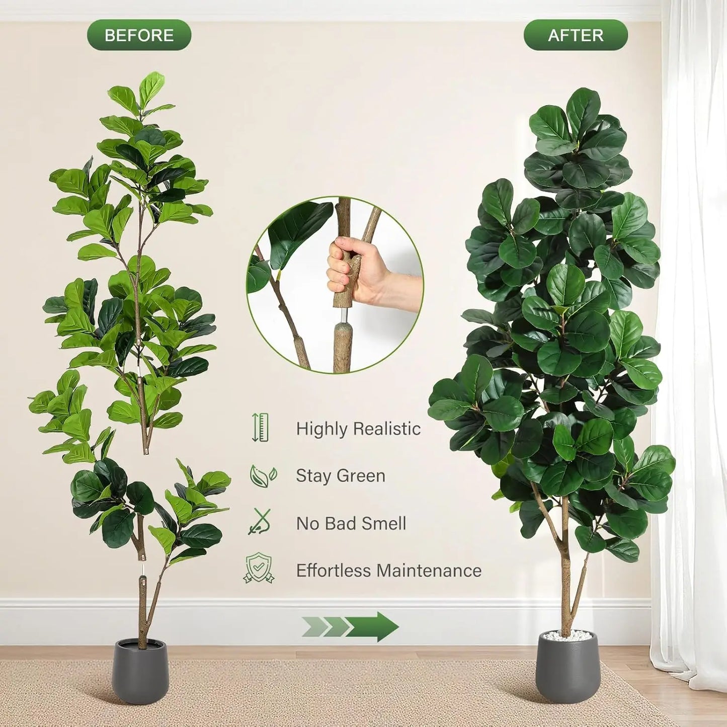 4FT/5FT/6FT/7FT Fiddle Leaf Fig Tree Artificial with Leaves, Realistic Faux Ficus Lyrata Trees in White Planter Pot, Home Decor