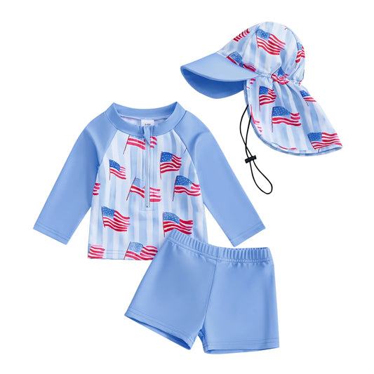Toddler Boys American Flag Swimwear Set with Rash Guard Swim Trunks and Sun Hat for Patriotic Beach Days