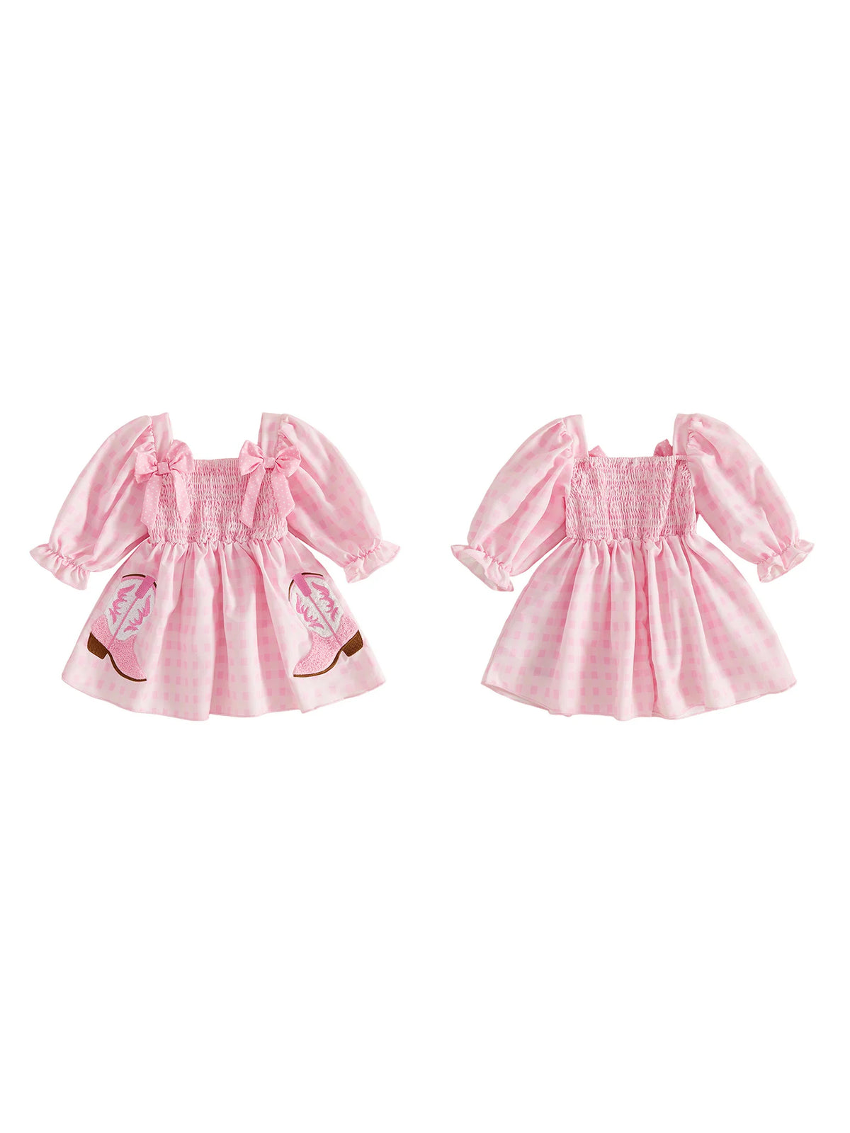 Line With Dress Bow-Decor Long Sleeve Square Long Little-Girl-Plaid Dress Long Plaid Little Girl Plaid