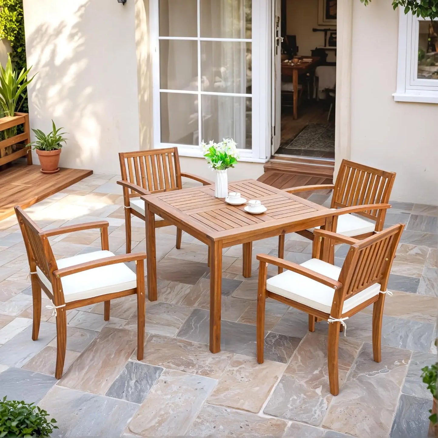 5 Piece Outdoor Dining Set Acacia Wood Patio Table and Chairs with Soft Cushions Patio Furniture for Deck, Backyard, Garden