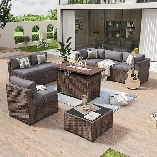 8 Piece Patio Furniture Set with 44” Fire Pit Table Wicker Rattan Outdoor Sectional Sofa Set with Coffee Table