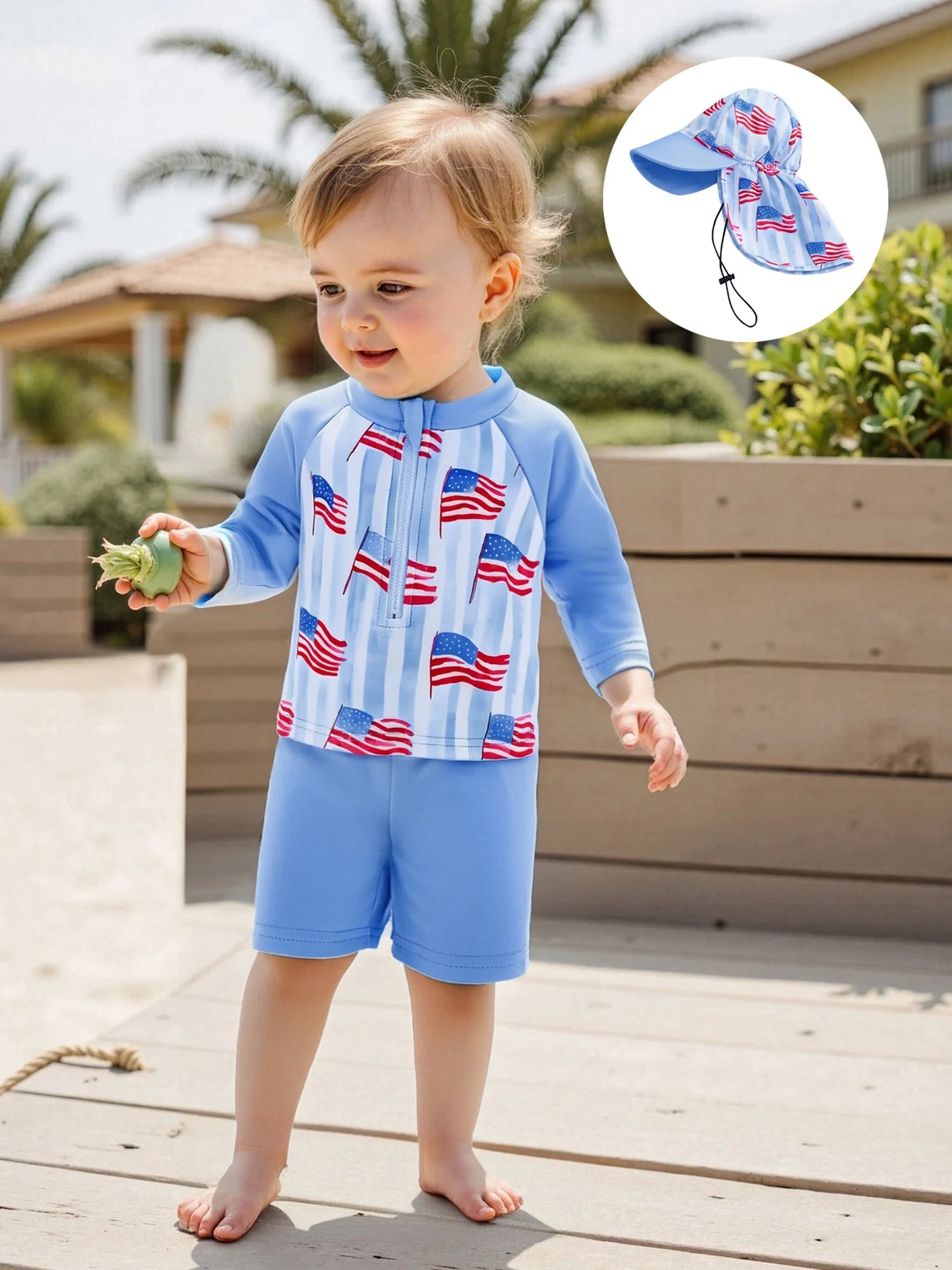 Toddler Boys American Flag Swimwear Set with Rash Guard Swim Trunks and Sun Hat for Patriotic Beach Days