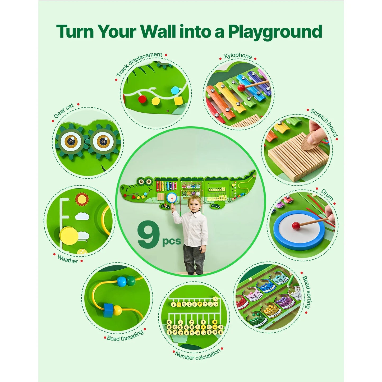 SucceBuy 9-Activities Crocodile Kids Busy Hanging Board Toy Montessori Early Learning Puzzle Decor Panels Toys for Children Gift