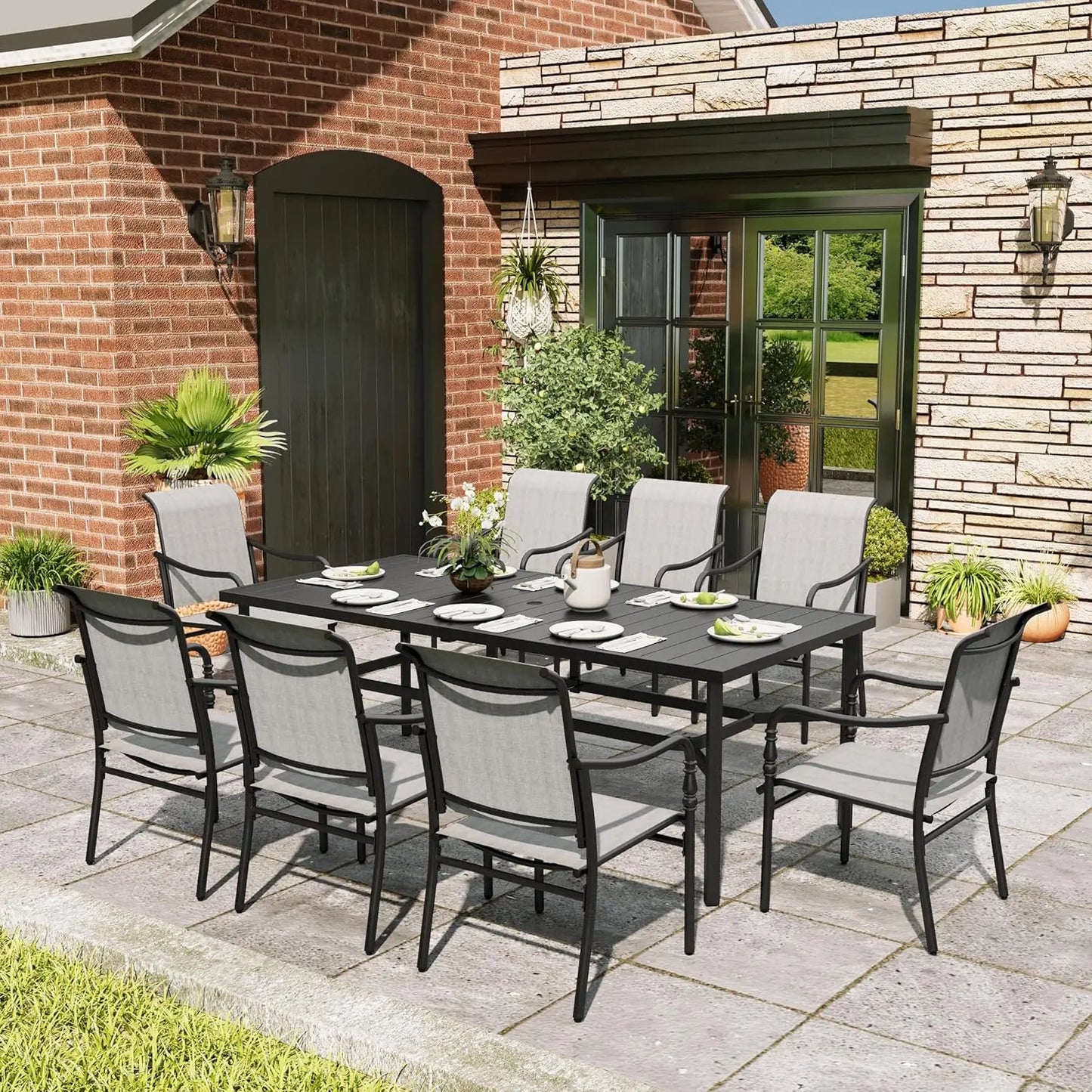 Patio Table and Chairs Set, 9 Pieces Patio Dining Set with 8 Textilene Chairs, and 83" Rectangular Outdoor Dining, Customized