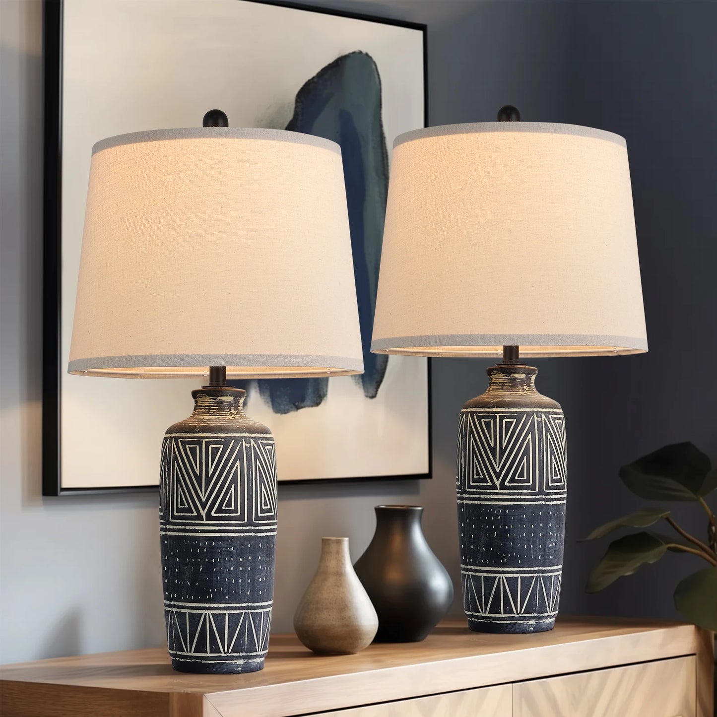 2 Pack 25-Inch Carved Geometric Ceramic Table Lamp With Linen Shade, Southwest's Rustic Accent Lamps For Living Room End Tables