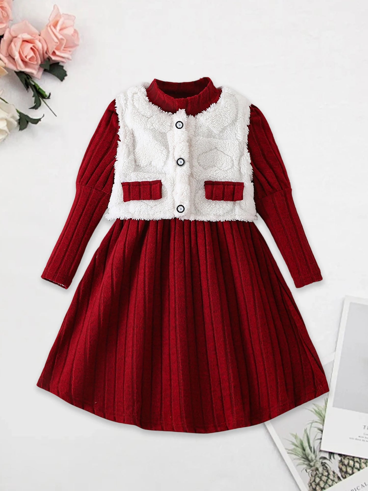 Girls 3PCS Winter Outfit Pink Cable Knit Sweater Leggings Faux Fur Hooded Coat Set for Cold Weather