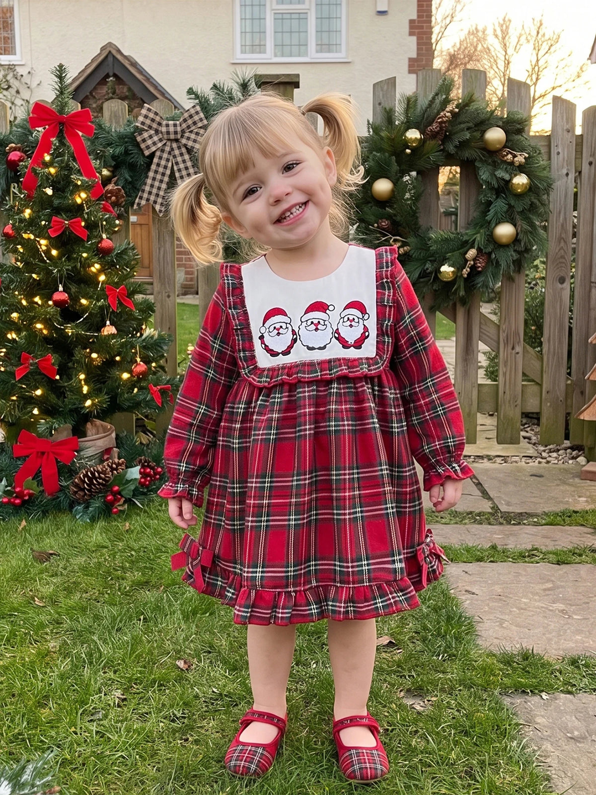 Print-Loose-Ruffle Girl Christmas Christmas Print Loose Plaid Print Loose Sleeve Plaid Girl-Christmas-Dress Durable