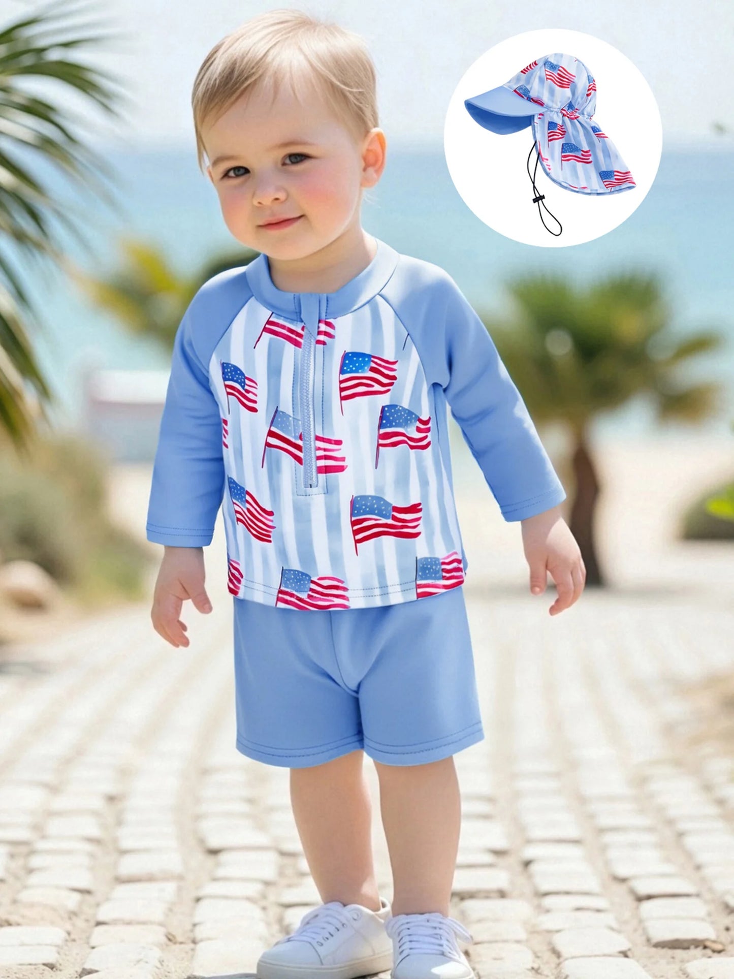 Toddler Boys American Flag Swimwear Set with Rash Guard Swim Trunks and Sun Hat for Patriotic Beach Days
