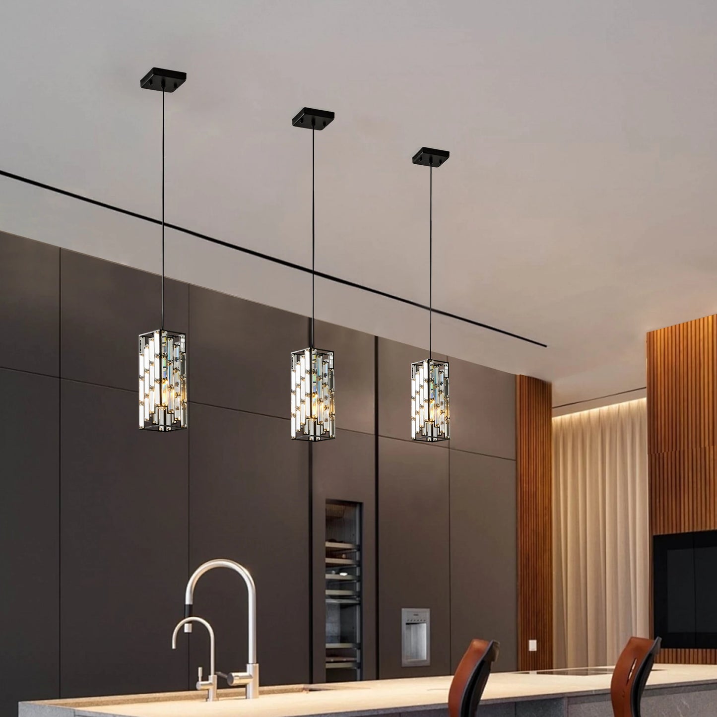 ARLGSITE Modern Luxury Crystal Pendant Light - 3 Pack, Adjustable Hanging Ceiling Lamp with Crystal Prism Design -Black Finish
