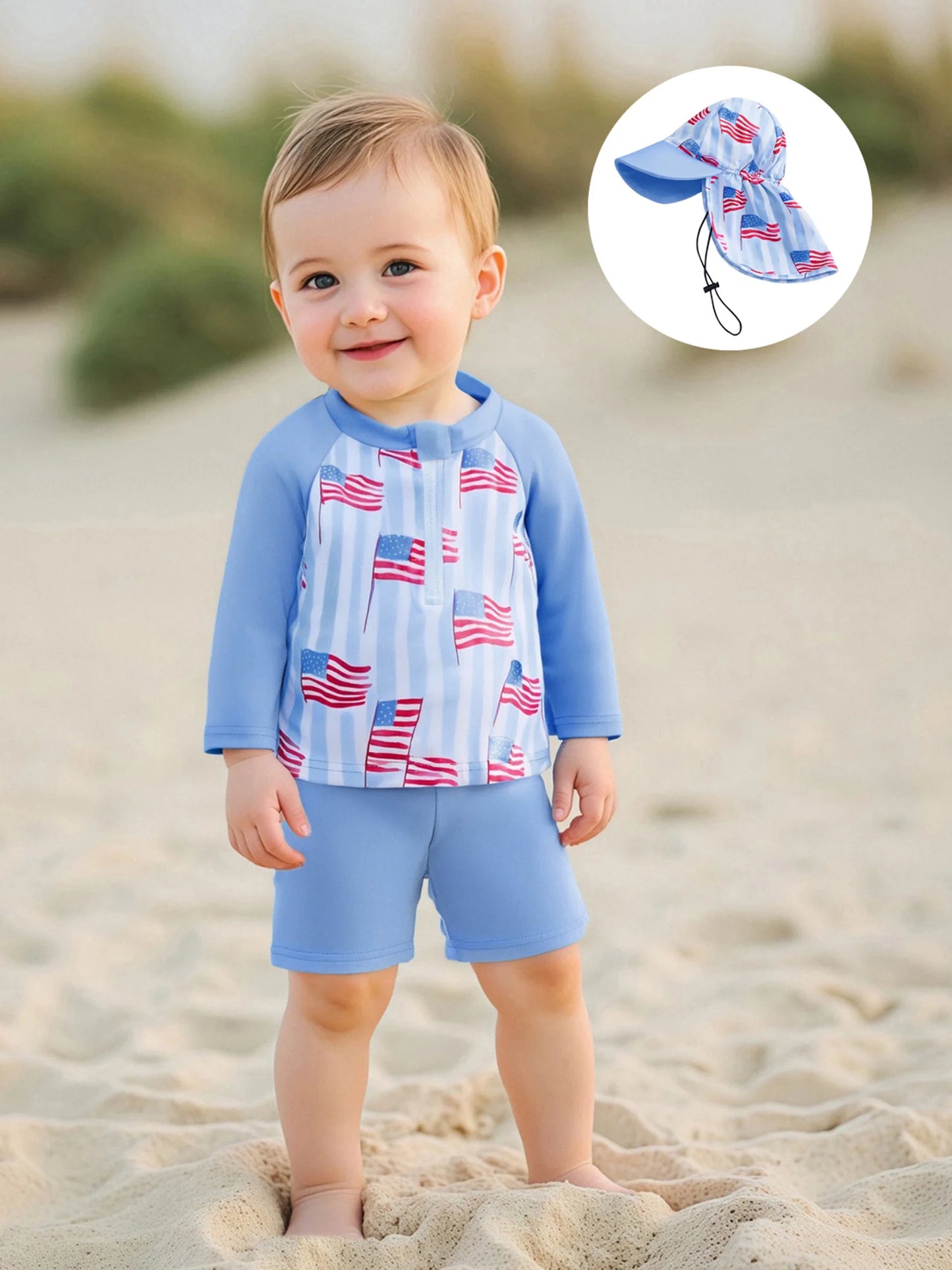 Toddler Boys American Flag Swimwear Set with Rash Guard Swim Trunks and Sun Hat for Patriotic Beach Days