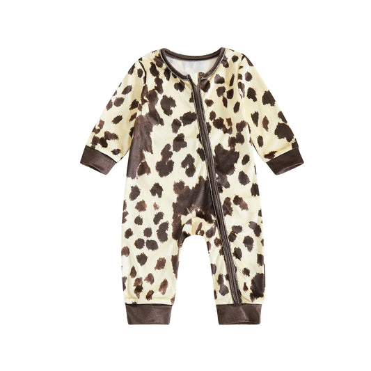 Infant Romper Cozy Cotton Blend Long Sleeve Round Neck Polka Dot Print  Footless Jumpsuit Zipper Closure Baby Outfit