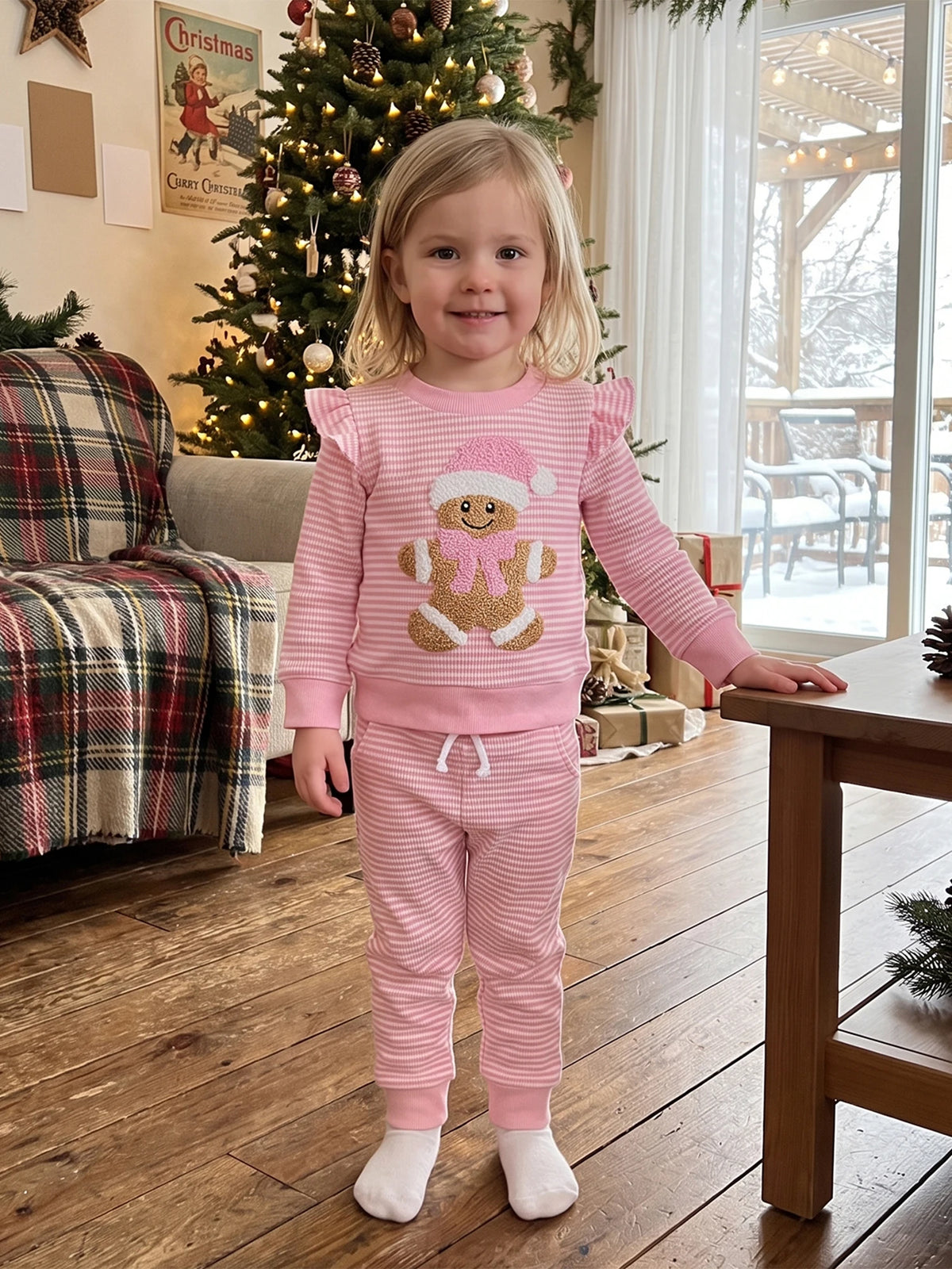 Outfits Sleeve Pullover Pants Pullover Sleeve Gingerbread Girl Christmas Outfits Embroidery Striped Pullover
